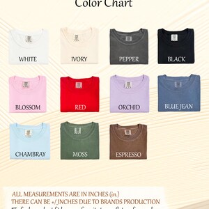 The image is a color chart displaying various comfort colors, including white, ivory, pepper, black, blue jean, chambray, moss, and espresso.
