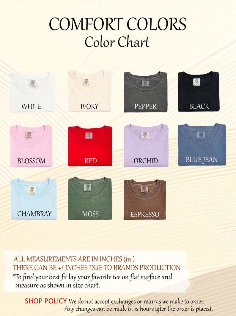 The image is a color chart displaying various comfort colors, including white, ivory, pepper, black, blue jean, chambray, moss, and espresso.