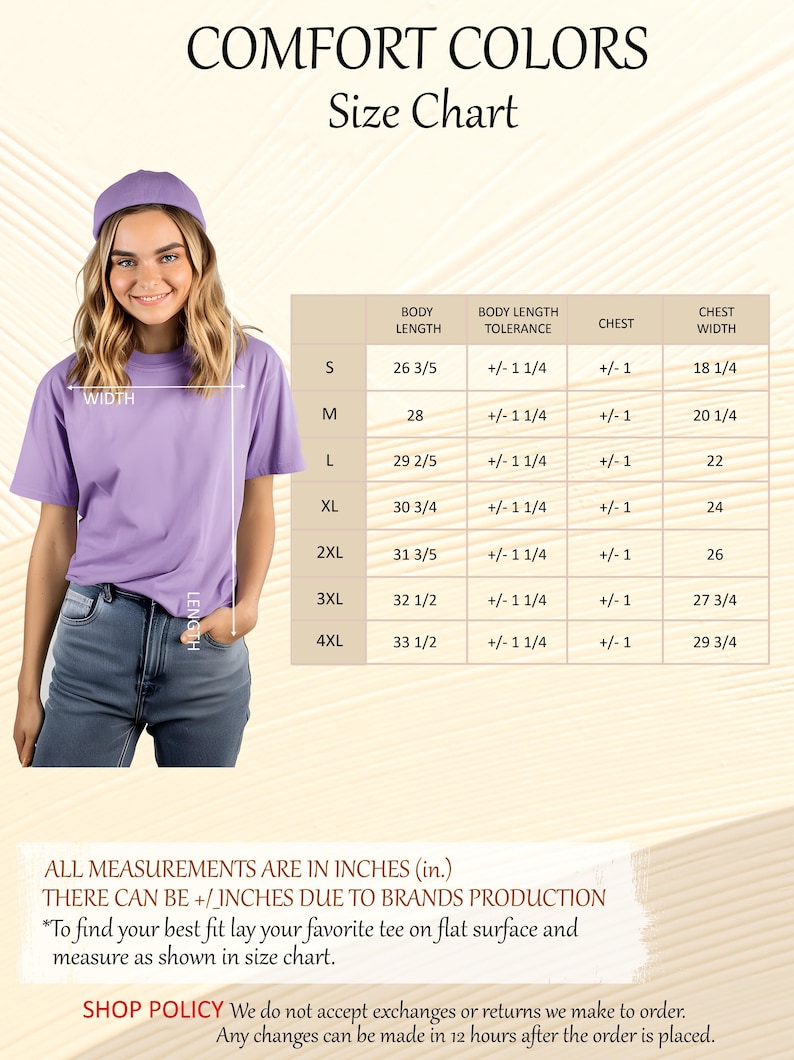 The image is a size chart for a purple t-shirt, featuring a smiling woman wearing the shirt and measurements for different body types.