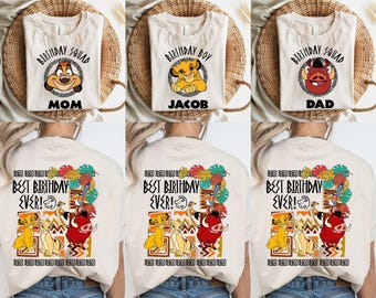 May include: Off-white t-shirts with Lion King-themed graphics. One says "Birthday Squad Mom", another "Birthday Boy Jacob", and the third "Birthday Squad Dad". The backs say "Best Birthday Ever!" with character illustrations.