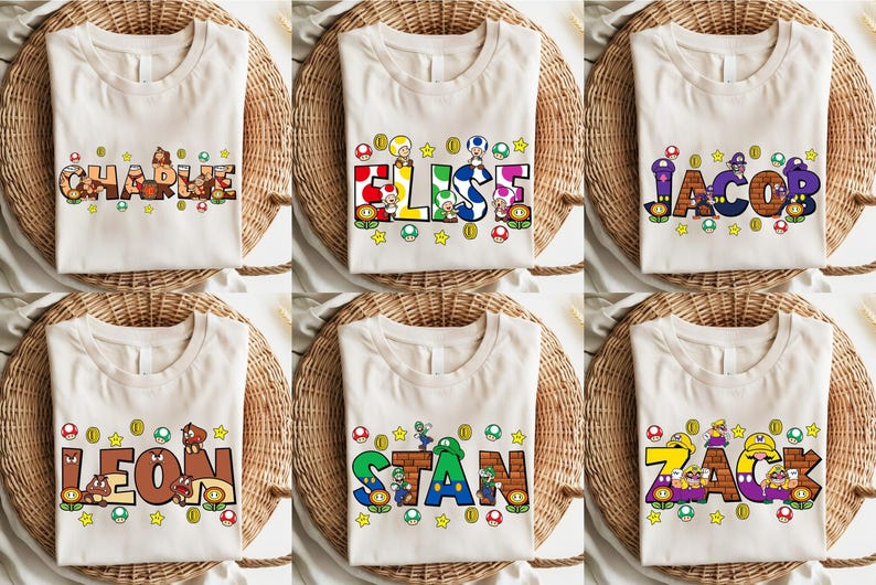 Mario Custom Name Shirt, Mario Characters Shirt, Personalized Super Mario Name T-shirt, Customm Mario Shirt, Matching Family Mario Shirt image 2