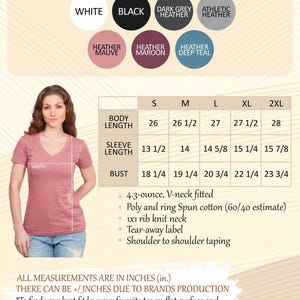 The image is a color and size chart for a woman's v-neck shirt. It includes measurements and color options for different sizes, as well as a woman posing in a pink v-neck shirt.