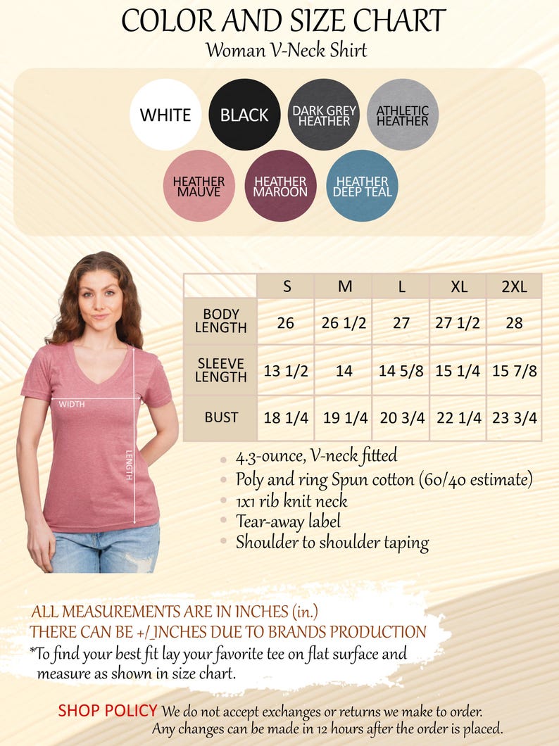 The image is a color and size chart for a woman's v-neck shirt. It includes measurements and color options for different sizes, as well as a woman posing in a pink v-neck shirt.