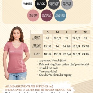 The image is a color and size chart for a woman's v-neck shirt. It includes measurements and color options for different sizes, as well as a woman posing in a pink v-neck shirt.