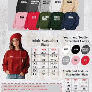 The image is a color and size chart for adult sweatshirts, featuring various colors and sizes for different age groups.