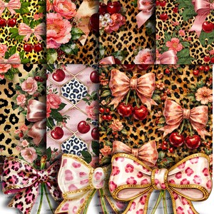 May include: A collage of digital art featuring various patterns. The designs include leopard print, pink bows, cherries, and floral elements. The color palette is dominated by pink, red, and gold, creating a feminine and decorative aesthetic.