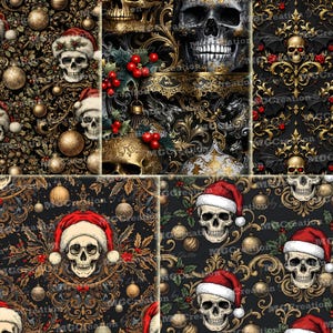May include: A collage of gothic-themed digital art featuring skulls, Christmas ornaments, and holly. The skulls wear Santa hats and are set against a black background with gold filigree and decorative elements. The overall design has a dark, festive aesthetic.