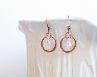 Mixed Metal Copper Hoop earrings, Swarovski Crystal Earrings, April Birthstone Earrings, Modern Earrings