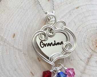 Grandma Family Necklace, Custom Necklace, Family Necklace, Birthstone Necklace, Wire Necklace, Wire Wrapped Necklace, Gift for Grandma