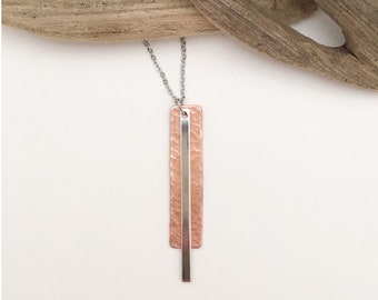 Mixed Metal Necklace, Statment Necklace, Copper Necklace, Silver Necklace, Long Necklace, Hammered Metal, Abstract Necklace, Modern, gift