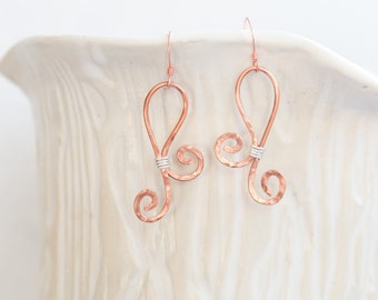 Copper and silver wire earrings, Wire Earrings, Mixed Metal Earrings, Drop Earrings, Dangle Earrings, Modern Earrings, Mixed Metal