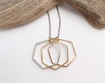 Mixed Metal Necklace, Statement Necklace, Gold Necklace, Silver Necklace, Rose Gold Necklace, Long Necklace, Abstract Necklace, Hexagon