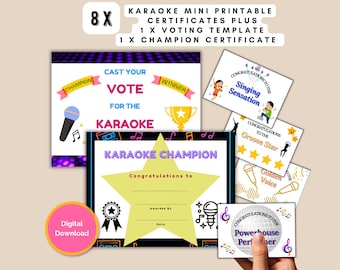Karaoke Party Printable Bundle, Singing Awards, Karaoke Certificates, Celebration Karaoke Party Fun Certificate Set, Voice Competition Award