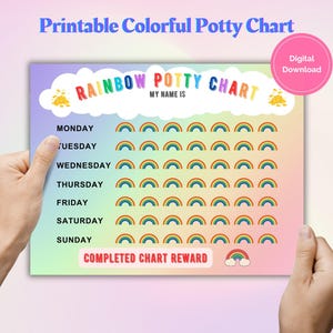 Tableau d'apprentissage de la propreté arc-en-ciel, tableau des récompenses amusantes pour les enfants, suivi des progrès de la propreté imprimable, tableau de la propreté coloré pour tout-petit, apprentissage de la propreté
