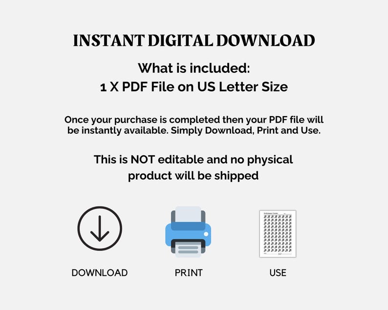 Pode incluir: Download digital instant&acirc;neo de um arquivo PDF no tamanho carta dos EUA. O arquivo inclui instru&ccedil;&otilde;es para baixar, imprimir e usar o documento. O texto indica que o produto n&atilde;o &eacute; edit&aacute;vel e que nenhum produto f&iacute;sico ser&aacute; enviado.