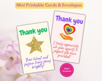 Thank You Printable Card and Envelope Set, Appreciation Mini Cards, Show Your Gratitude, Star Card and Heartfelt Thank You Card