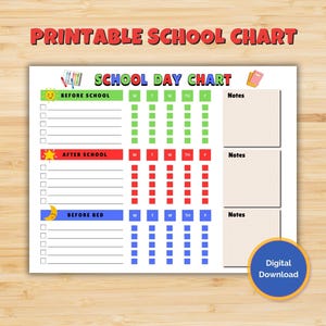 Printable School Day Chart, Children Learning Routines, Morning and After School Routine, Chore List, Printable To Do List, School Checklist