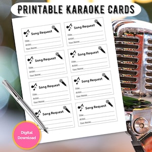 Kaarten met verzoeknummers voor karaoke-evenementen, afdrukbare karaokestroken, karaokekaarten thuis afdrukken, karaoke-avondfeestplezier, thuis meezingen, meezingen