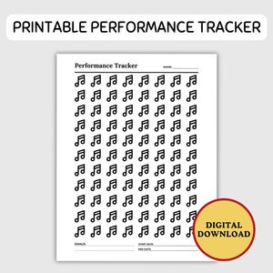 May include: Printable performance tracker with a musical note design. The tracker has sections for goals, start date, and end date.  Digital download.