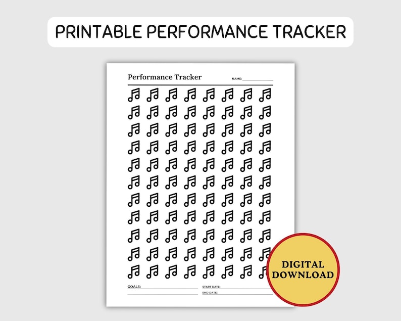 Pode incluir: Rastreador de desempenho imprim&iacute;vel com um design de nota musical. O rastreador possui se&ccedil;&otilde;es para metas, data de in&iacute;cio e data de t&eacute;rmino. Download digital.