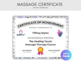 Editable Massage Certificate, Customizable Certificate Of Achievement, Massage Award, Certificate Of Completion, Massage Therapy Course