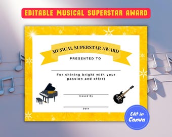 Editable Musical Superstar Award, Printable Customizable Certificate, Star Recognition Musicians, Musical Talent, Performance Certificate