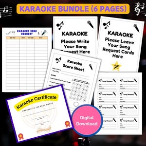 Modèles imprimables de lot karaoké, Organisation d'une soirée karaoké, Forfait karaoké, Demandes de chansons, Certificat de chant, Concours de karaoké
