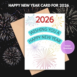Carte de bonne année 2026, carte de Saint-Sylvestre à imprimer, thème de célébration de feux d'artifice, carte vierge à l'intérieur à personnaliser, carte de feux d'artifice