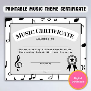 Music Certificate Printable, Recognition Certificate, Music School Certificate, Student Award, Music Milestone, musical school graduation