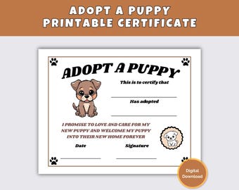 Adopt A Puppy Certificate, Printable Puppy Adoption Certificate, Dog Birthday Party, Puppy Keepsake, Dog Adoption, Animal Lover, Puppy Home