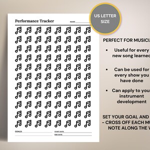 Pode incluir: Um rastreador de desempenho imprim&iacute;vel para m&uacute;sicos. O rastreador apresenta uma grade de notas musicais que podem ser riscadas &agrave; medida que novas m&uacute;sicas s&atilde;o aprendidas ou apresenta&ccedil;&otilde;es s&atilde;o realizadas. O texto "Performance Tracker" est&aacute; no topo da p&aacute;gina, juntamente com as palavras "Start Date" e "End Date".