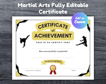 Editable Martial Arts Certificate, Printable Certificate of Achievement, Martial Arts Academy Awards, Recognition Certificate