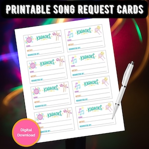 Printable Song Request Cards, Color Karaoke Slips,  Karaoke Event, Print at Home Karaoke Cards, Sing Along At Home, Colorful Song Cards