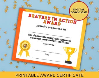Bravery Award Printable, Courageous Certificate, Recognition Template, In Action Bravery Award, Hero Certificate, Strength and Courage