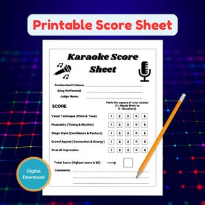 Karaoke Contest Score Sheet, druckbare Liste des Gesangspreises, beste Singstimme, Karaoke Event Contest, Performance Scoring Sheet