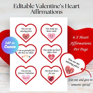 Affirmations cardiaques modifiables pour la Saint-Valentin, modèle de coeurs imprimable, déclarations d'inspiration pour les couples, les partenaires, les amoureux, les relations
