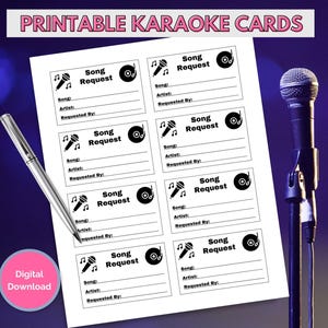 Druckbare Song Anfrage Karten für Karaoke Events, Karaoke Slips, Print at Home Karaoke Karten, Old School Schallplatten, Mitsingen zu Hause