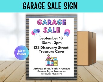 Letrero de venta de garaje editable, plantilla de venta de garaje, folleto de ventas imprimible, letrero de venta de garaje personalizable (hazlo tú mismo)