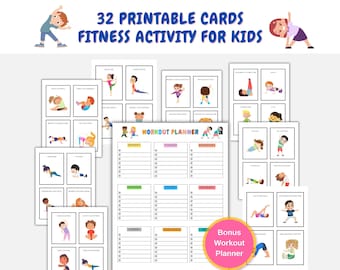 Attività di fitness per bambini, schede di esercizi stampabili, pianificatore di allenamento, programma di allenamento per bambini, schede di movimento, flashcard, tracker per bambini