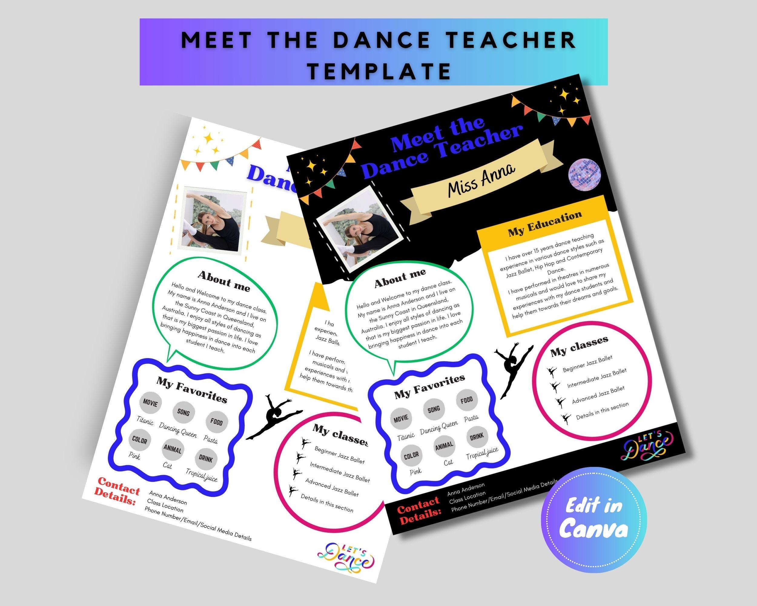 Meet the Dance Teacher Editable Template, Printable Dance Flyer, Canva Customizable Dance Class Template, Teacher Introduction