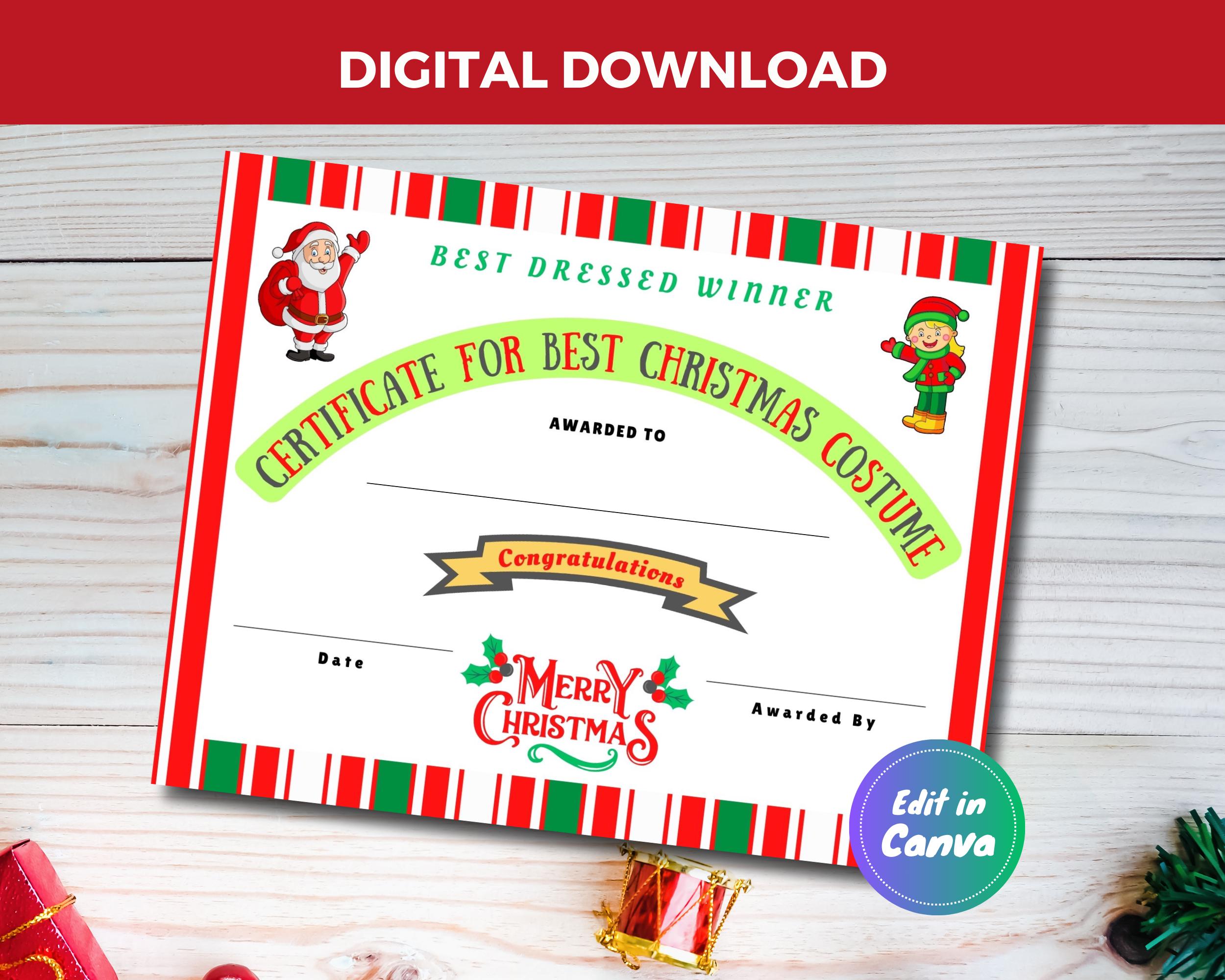 Editable Canva Christmas Certificate, Printable Best Dressed Certificate,  Best Costume for Christmas, Christmas Contest, Xmas Occasion - Etsy