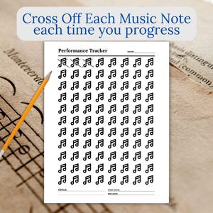 Pode incluir: Um rastreador de notas musicais imprim&iacute;vel com o texto "Cross Off Each Music Note each time you progress" no topo. O rastreador tem uma se&ccedil;&atilde;o para um nome, objetivos, data de in&iacute;cio e data de t&eacute;rmino. A se&ccedil;&atilde;o principal do rastreador tem 10 linhas de 10 notas musicais cada.
