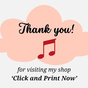 Pode incluir: Nuvem rosa com o texto "Obrigado!" e uma nota musical vermelha. Abaixo da nuvem est&aacute; o texto "por visitar minha loja 'Clique e imprima agora'".