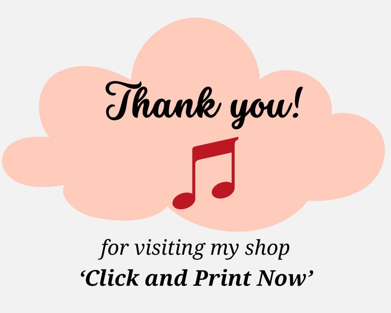 Pode incluir: Nuvem rosa com o texto "Obrigado!" e uma nota musical vermelha. Abaixo da nuvem est&aacute; o texto "por visitar minha loja 'Clique e imprima agora'".