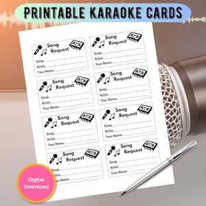 Kaarten met verzoeknummers voor karaoke-evenementen, afdrukbare karaokestroken, karaokekaarten thuis afdrukken, old school cassettebandjes, thuis meezingen
