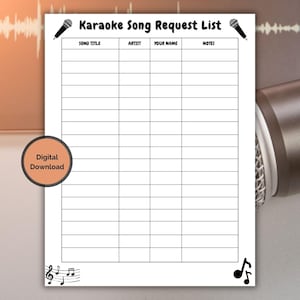 Peut inclure: Une liste de demandes de chansons de karaoké blanche avec des espaces pour le titre de la chanson, l'artiste, votre nom et les notes. Le texte "Karaoke Song Request List" est en haut. L'image comprend des illustrations de microphones et des notes de musique. Téléchargement numérique.