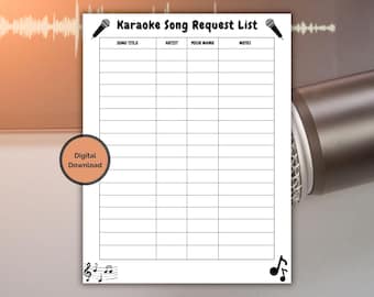Karaoke Song Request List, Printable Karaoke Sheet, Karaoke Events, Singing Challenge, Karaoke Lover, Sing A Song, Song Request Form