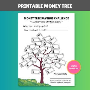 Puede incluir: Un desafío de ahorro de árbol de dinero imprimible con el texto "WATCH YOUR SAVINGS GROW". La imagen presenta un árbol con hojas de billetes de dólar e indica que se escriba una meta y el costo. Una descarga digital.