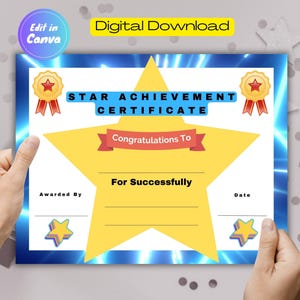 Star Achievement Editable Certificate, Printable School Award, Student Award Certificate, Customize Your Certificate, Star Recognition