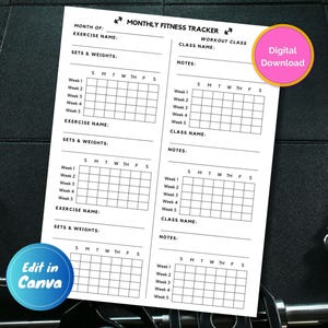 Editable Fitness Tracker, Personalized Fitness Planner, Monthly Tracker Sheet, Exercise Names and Workout Classes Timetable, Editable Sheet